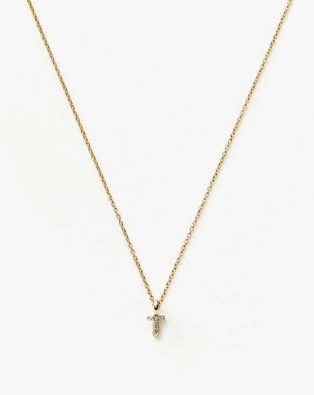 Fine Diamond Initial Mini Pendant Necklace - T | 14ct Solid Yellow Gold Plated/Diamond