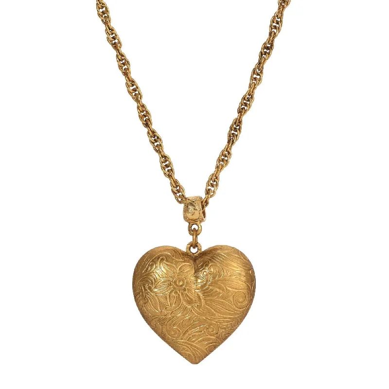 1928 Jewelry Gold Etched Floral Heart Pendant Necklace 16" + 3" Extension