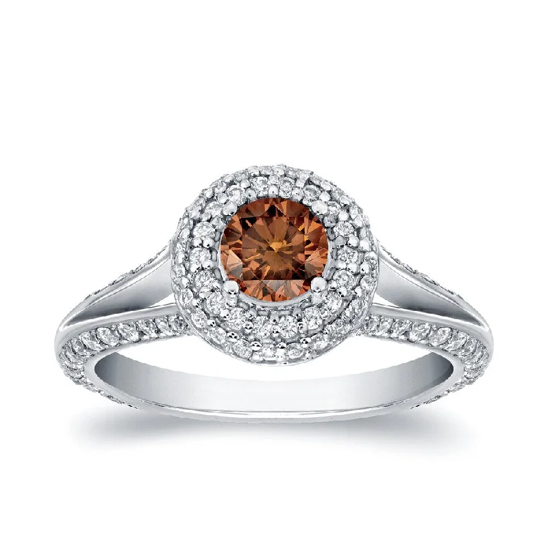 Auriya Modern Double Edge 1 1/2ct TDW Brown Diamond Halo Engagement Ring 14k White Gold