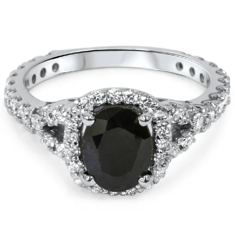 2 ct Black Sapphire & Diamond Cushion Halo Engagement Ring White Gold