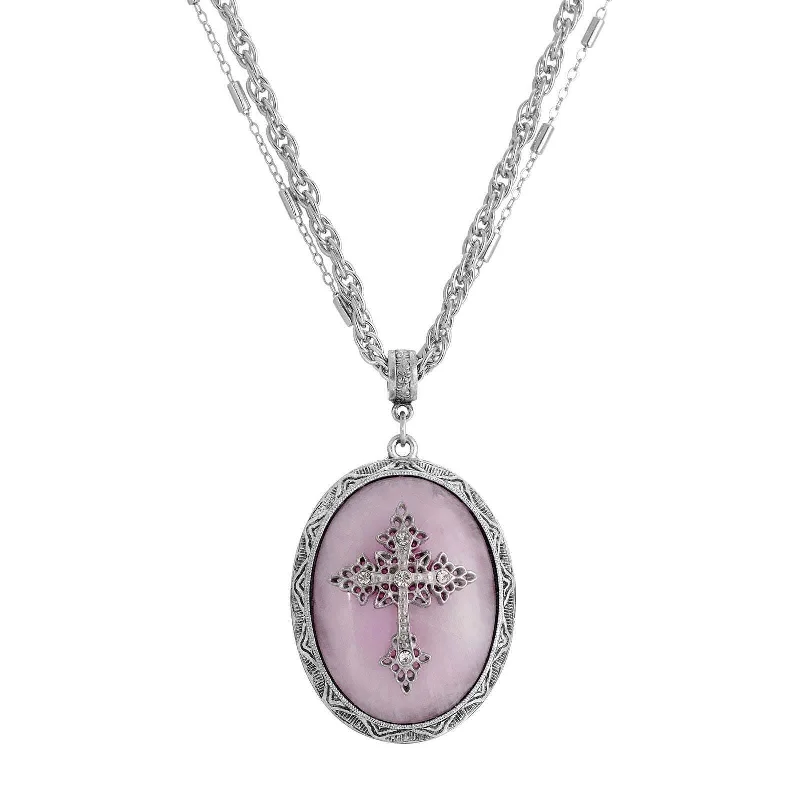 Symbols of Faith Multi Chain Oval Gemstone & Cross Pendant Necklace 18" + 3" Extender