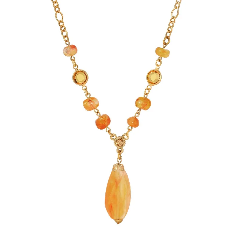 1928 Jewelry Topaz Crystals & Carnelian Marble Effect Pendant Necklace 15" + 3" Extension