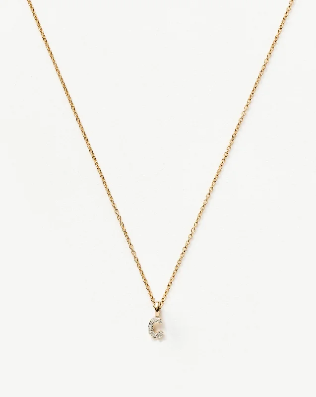 Fine Diamond Initial Mini Pendant Necklace - C| 14ct Solid Yellow Gold Plated/Diamond