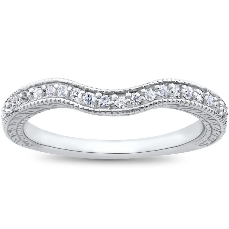 14k White Gold 1/6ct Vintage Curved Diamond Contour Wedding Band for Engagement Ring