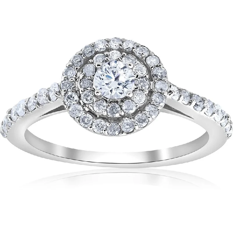 Pompeii3 10K White Gold 3/4cttw Double Halo Round Diamond Engagement Ring - White G-H - White G-H