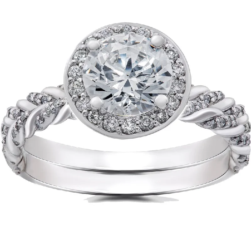 14k White Gold 1 ct Lab Grown Diamond Vintage Braided Halo Engagement Ring & Matching Band