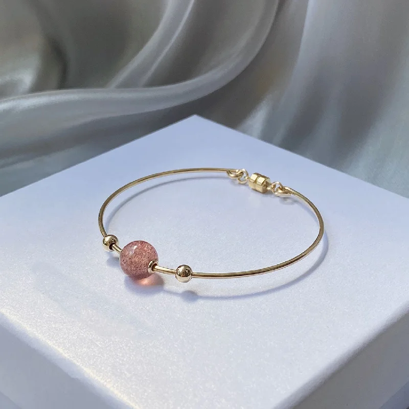 14K Gold Plated Womens Strawberry Quartz Crystal Bead Bracelet Bangle For Women